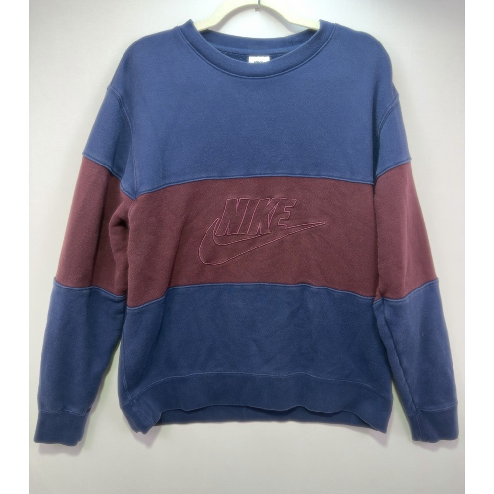 Nike Sportswear Club Fleece Crewneck Sweatshirt Men L Blue Burgundy Color block